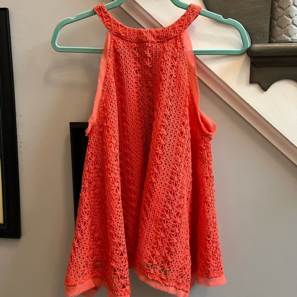 Moon River Coral Crochet Open Back Swing Top sz S EUC
